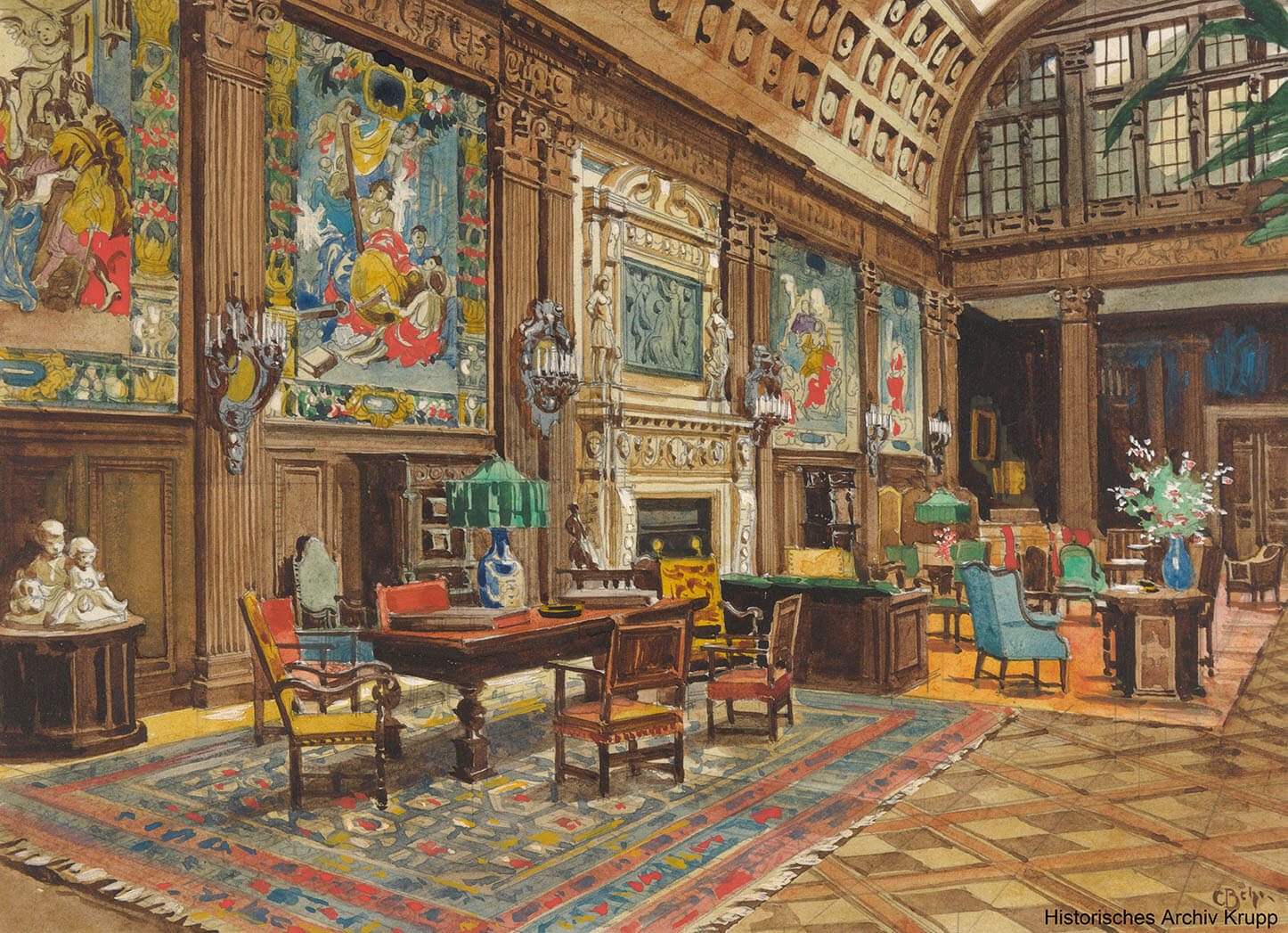 Carl Behr, Obere Halle der Villa Hügel, Aquarell, 1920/21 © Historisches Archiv Krupp