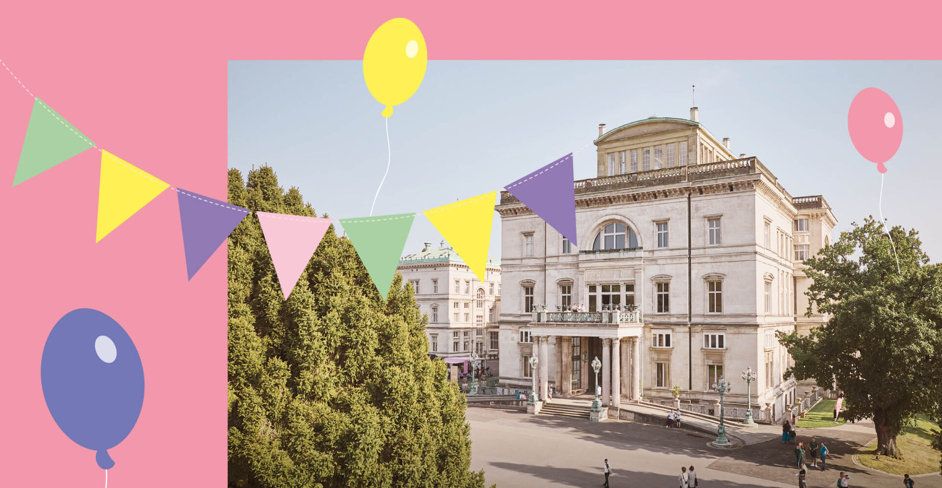 Die Villa Hügel im Hintergrund mit einer bunten grafischen Girlande und einem Luftballon im Vordergrund