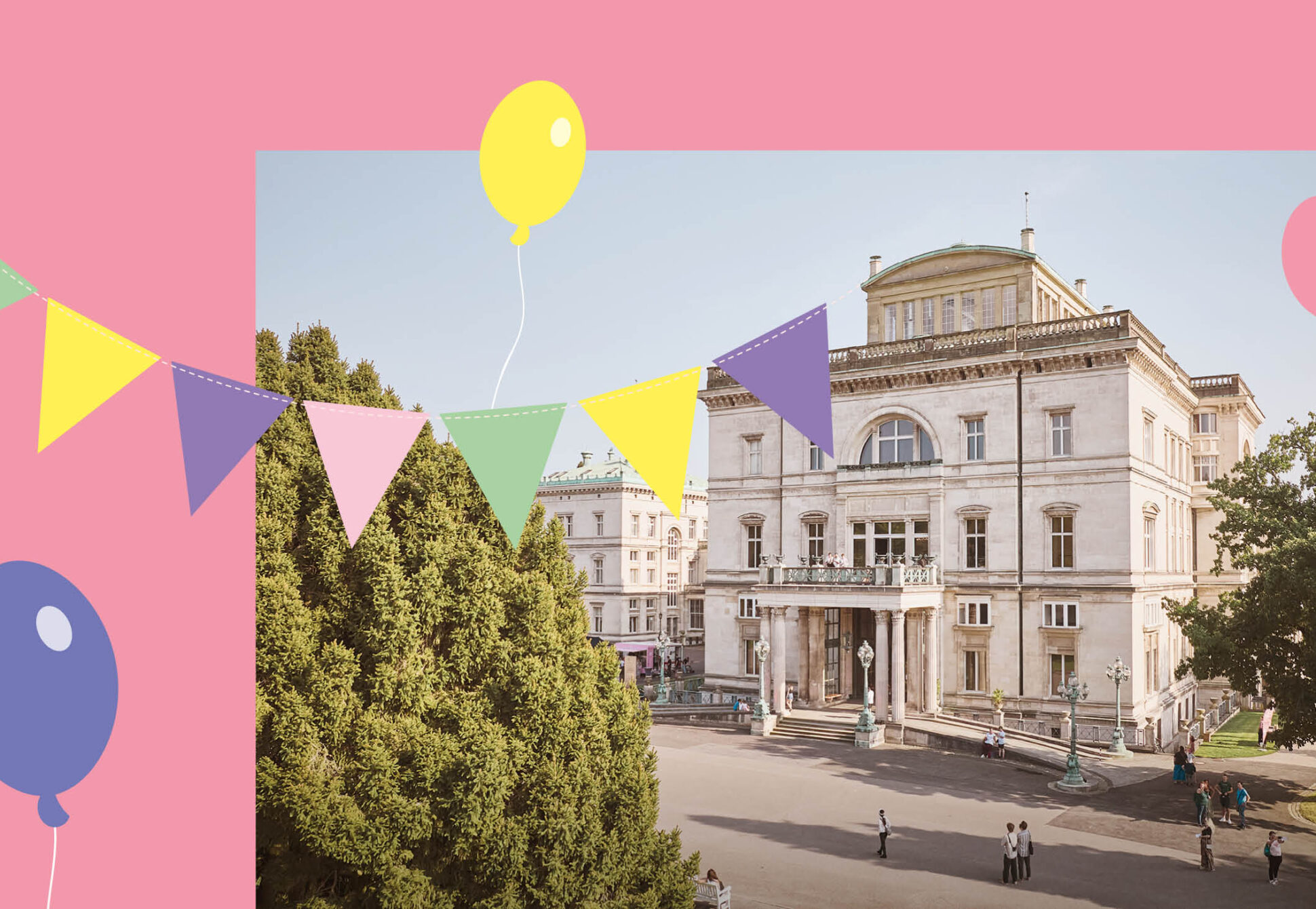 Die Villa Hügel im Hintergrund mit einer bunten grafischen Girlande und einem Luftballon im Vordergrund