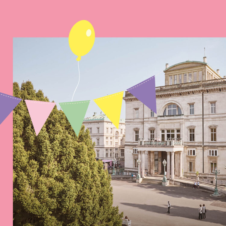Die Villa Hügel im Hintergrund mit einer bunten grafischen Girlande und einem Luftballon im Vordergrund