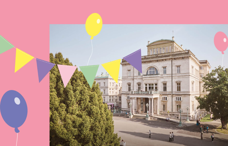 Die Villa Hügel im Hintergrund mit einer bunten grafischen Girlande und einem Luftballon im Vordergrund