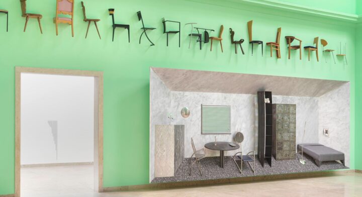 A wall installation by the artist Henrike Naumann, comprising chairs and a room installation, in the German Pavilion at the 2026 Venice Biennale.