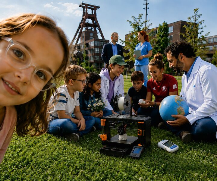 Erwachsene und Kinder experimentieren auf einer Wiese vor einem Zechengelände.